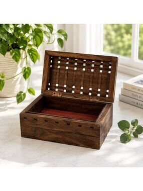 Handcrafted Wooden Jewelry Box With Brass Inlay & Decorative Carvings Vintage St